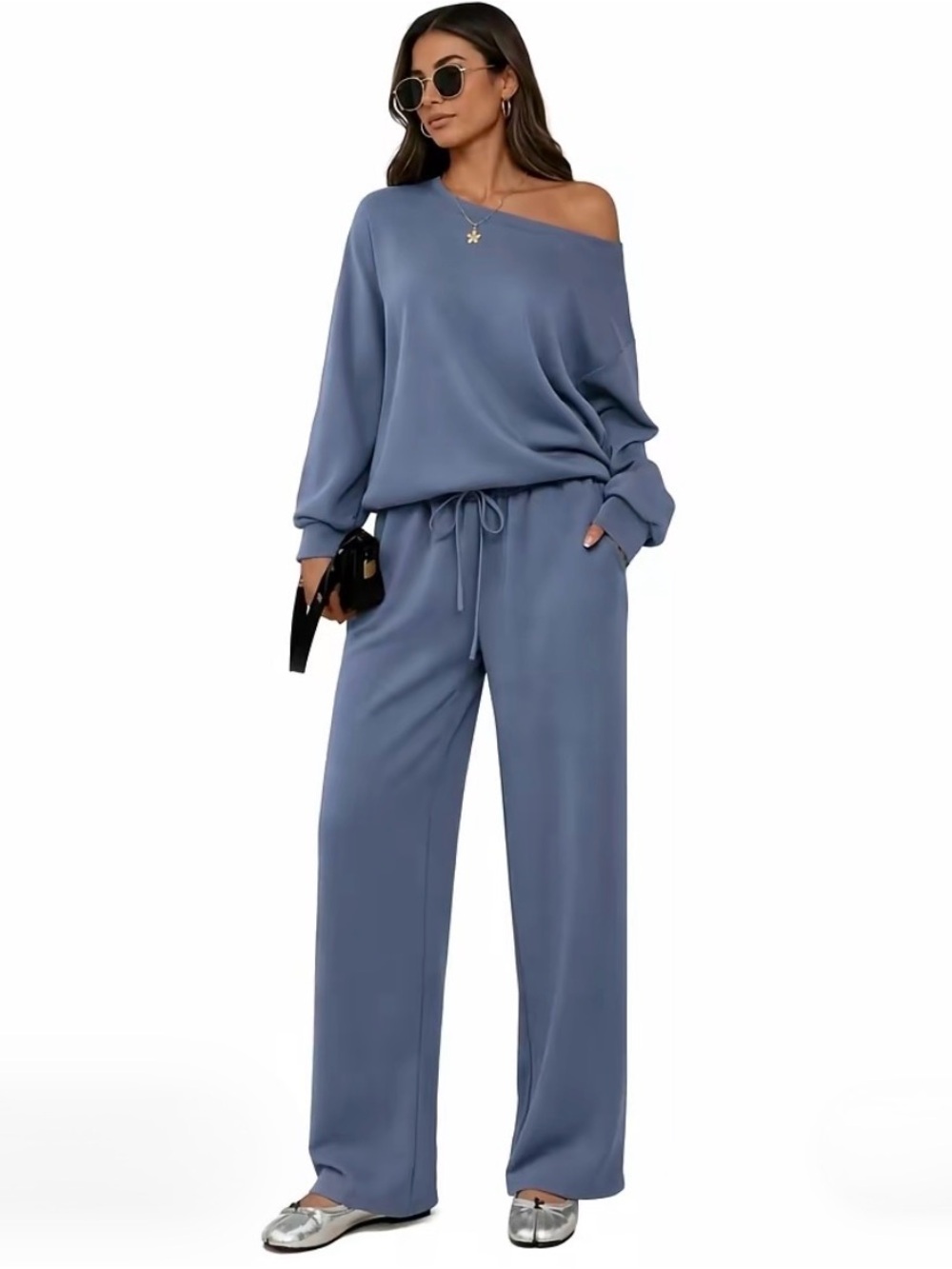 NWT Ekouaer Casual Wide-Leg Lounge Sweatpants Sweatshirt Set Blue S